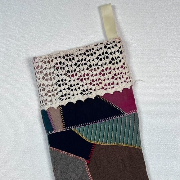 Vintage Crazy Quilt Patchwork Stocking Lace‎ Trim Top Christmas - Picture 5 of 11